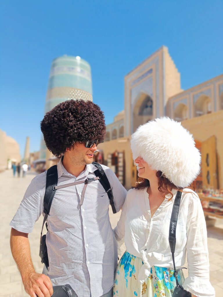 Wearing a summer and winter hat in Khiva