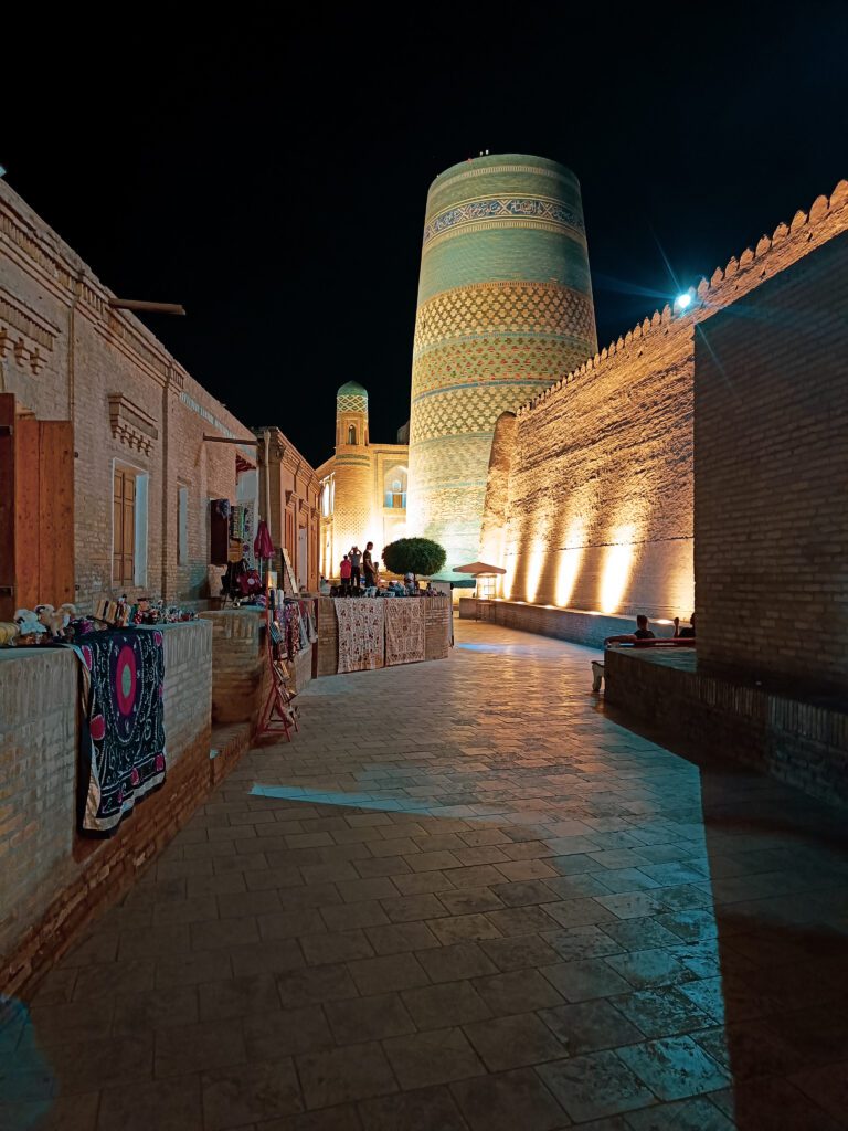 The beautiful blue buildings at night in Khiva